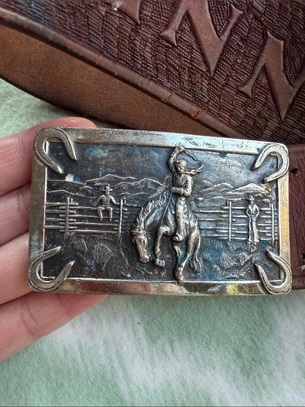 Vintage Tooled Leather Silver Tone Buckle Brown Men’s Belt about 39” long